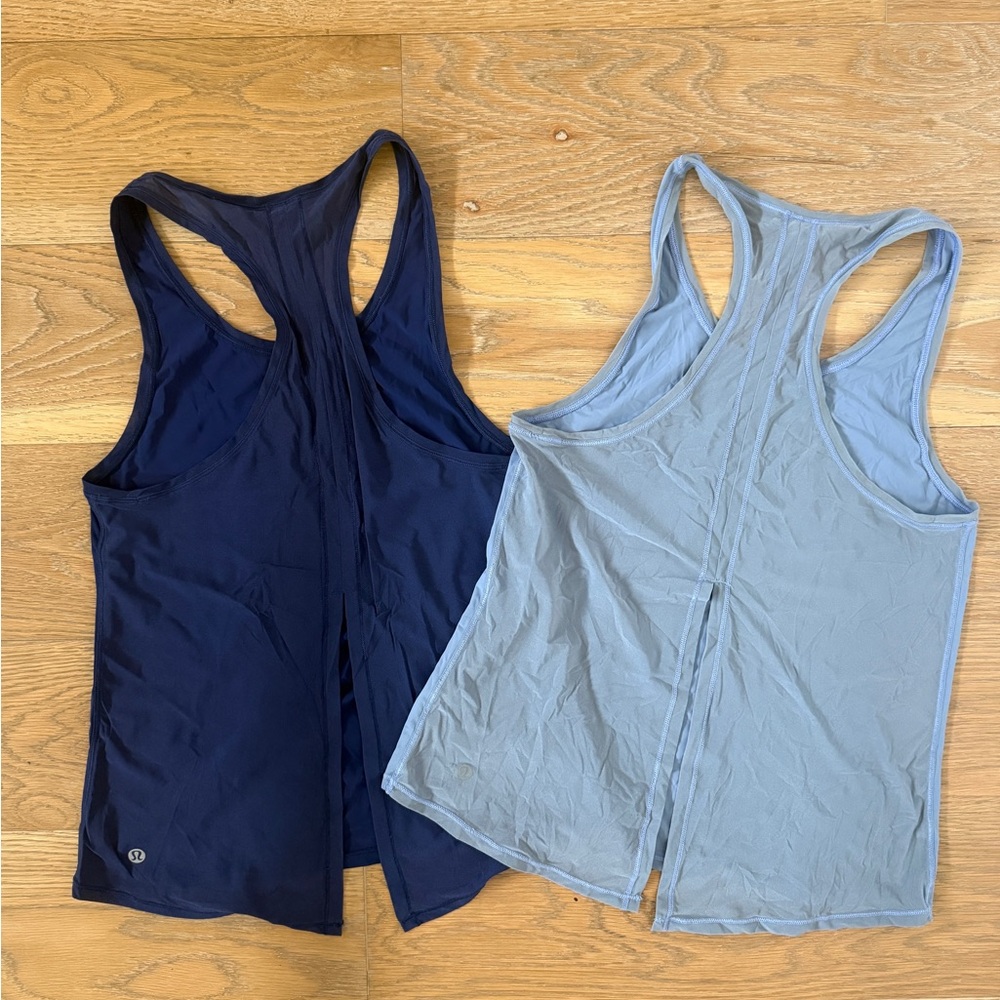 Lululemon Tie-Back Mesh Back Tank Top Lot (2) Navy & Sky Blue